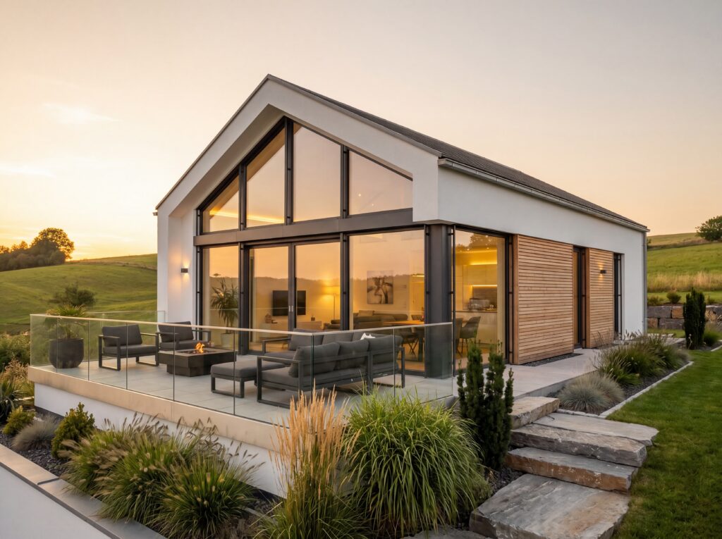 Moderner Bungalow Bergblick mit Satteldach, großer Glasfront, Terrasse, Glasgeländer und Gartenanlage bei Sonnenuntergang
