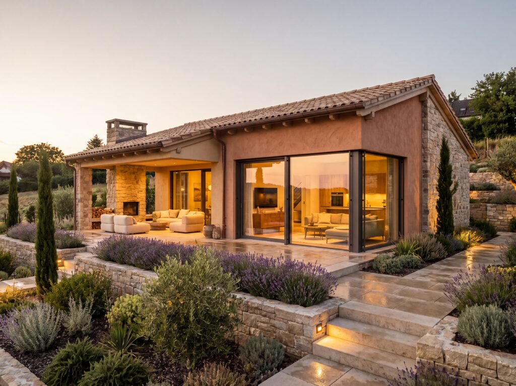 Bungalow Bergblick Modern mit mediterraner Natursteinfassade, Satteldach, großer Terrasse, Glasfronten und angelegtem Garten bei Abendstimmung
