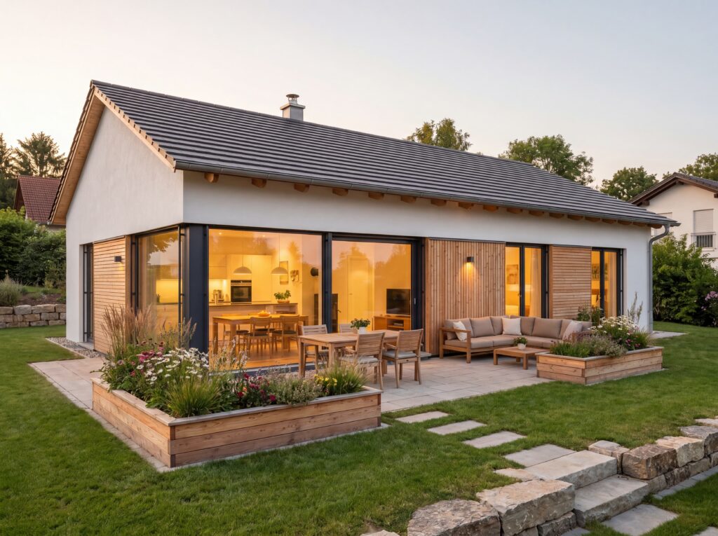 Moderner Bungalow Bergblick mit Satteldach, Holzfassade, großer Terrasse, Gartenmöbeln und blühenden Hochbeeten