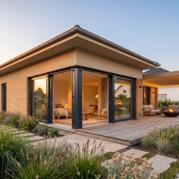 Moderner Bungalow Bergblick mit Holzterrasse, großen Glasfronten, überdachtem Loungebereich und Feuerstelle im Garten