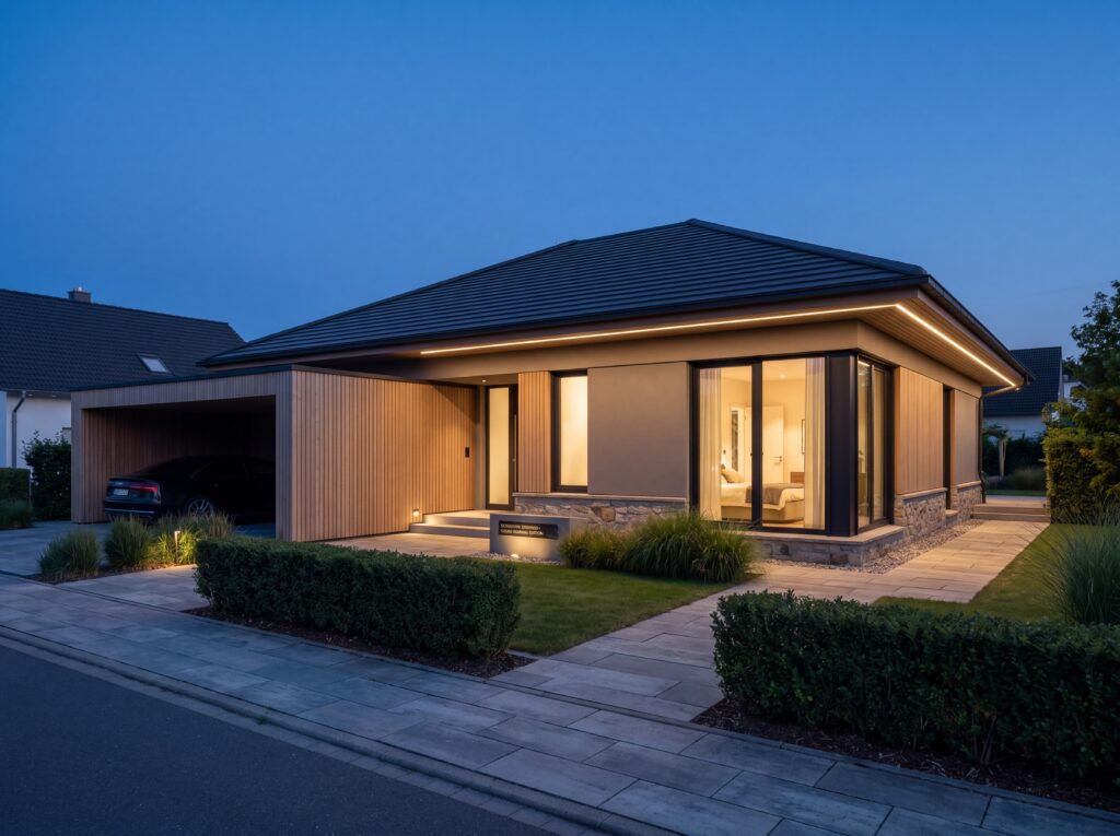 Bungalow Eichenhain Modern mit Walmdach, Holzfassade, Natursteinsockel, Carport und beleuchtetem Eingangsbereich am Abend