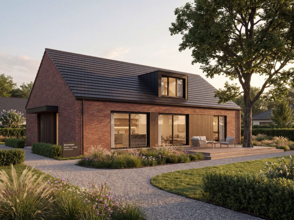 Bungalow Eichenhain Modern mit roter Klinkerfassade, Satteldach, Dachgaube und Terrasse im Grünen