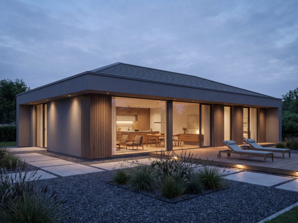 Bungalow Eichenhain Modern mit Walmdach, dunkler Fassade, Holzdetails und großer Terrasse am Abend