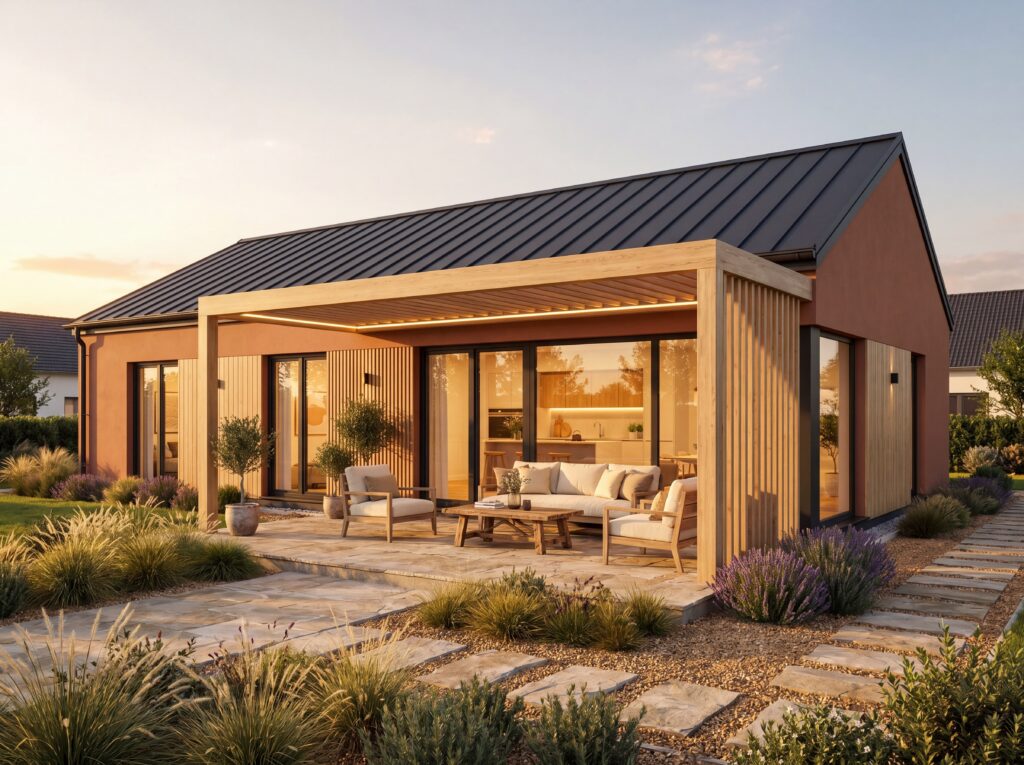 Bungalow Eichenhain Modern mit Satteldach, Holzpergola, terrakottafarbener Fassade und großer Terrasse