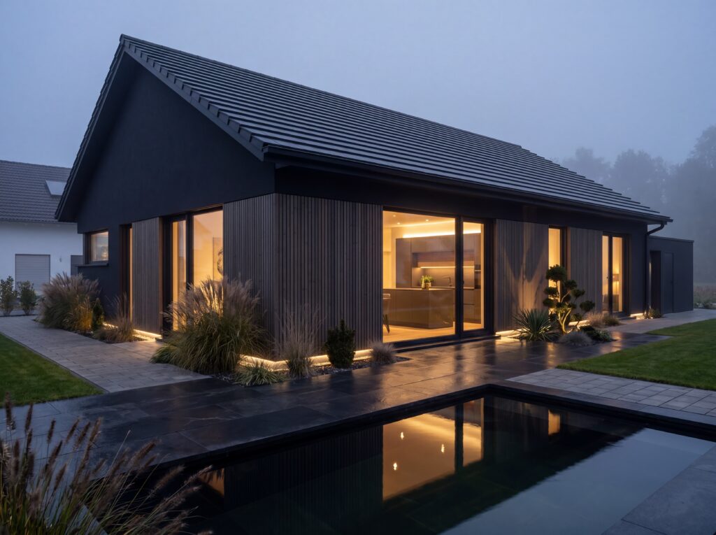 Bungalow Eichenhain Modern mit dunkler Fassade, Satteldach, Holzverkleidung, großen Fensterflächen und Wasserbecken am Abend