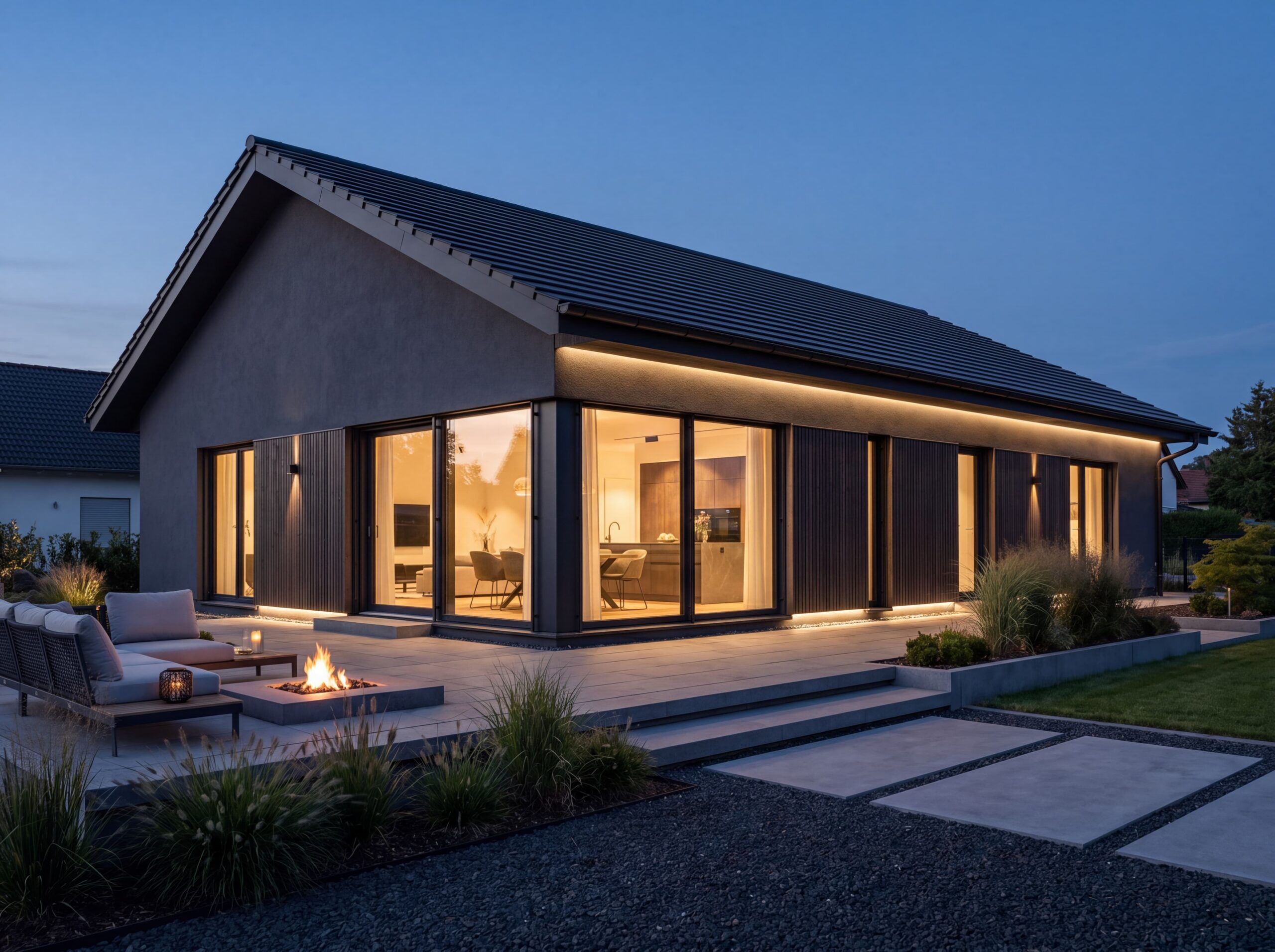 Bungalow Eichenhain Modern mit Satteldach, dunkler Fassade, großen Fensterfronten und Terrasse mit Feuerstelle am Abend