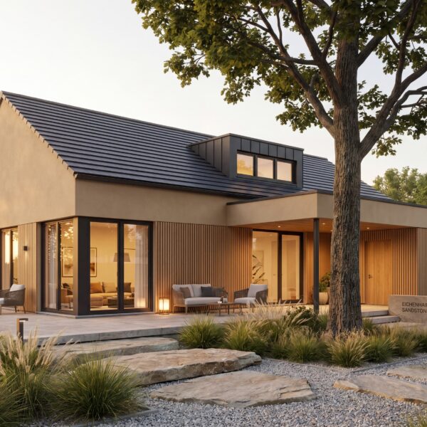 Bungalow Eichenhain Modern mit Satteldach, Holzfassade, Dachgaube und moderner Terrasse im Grünen