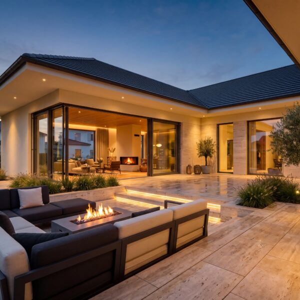 Moderner Bungalow mit Walmdach, großer Terrasse, Glasfronten, Outdoor-Lounge und Feuerstelle bei Abendstimmung