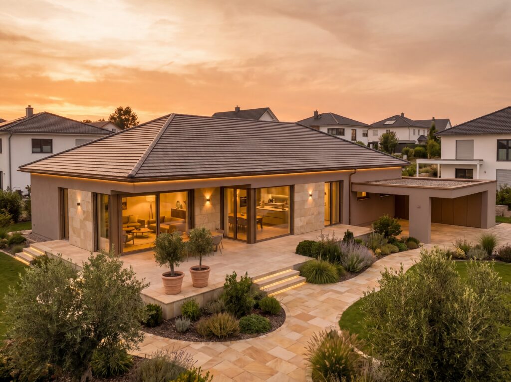Moderner Bungalow mit Walmdach, Natursteinfassade, großer Terrasse, Carport und gepflegtem Garten bei Sonnenuntergang