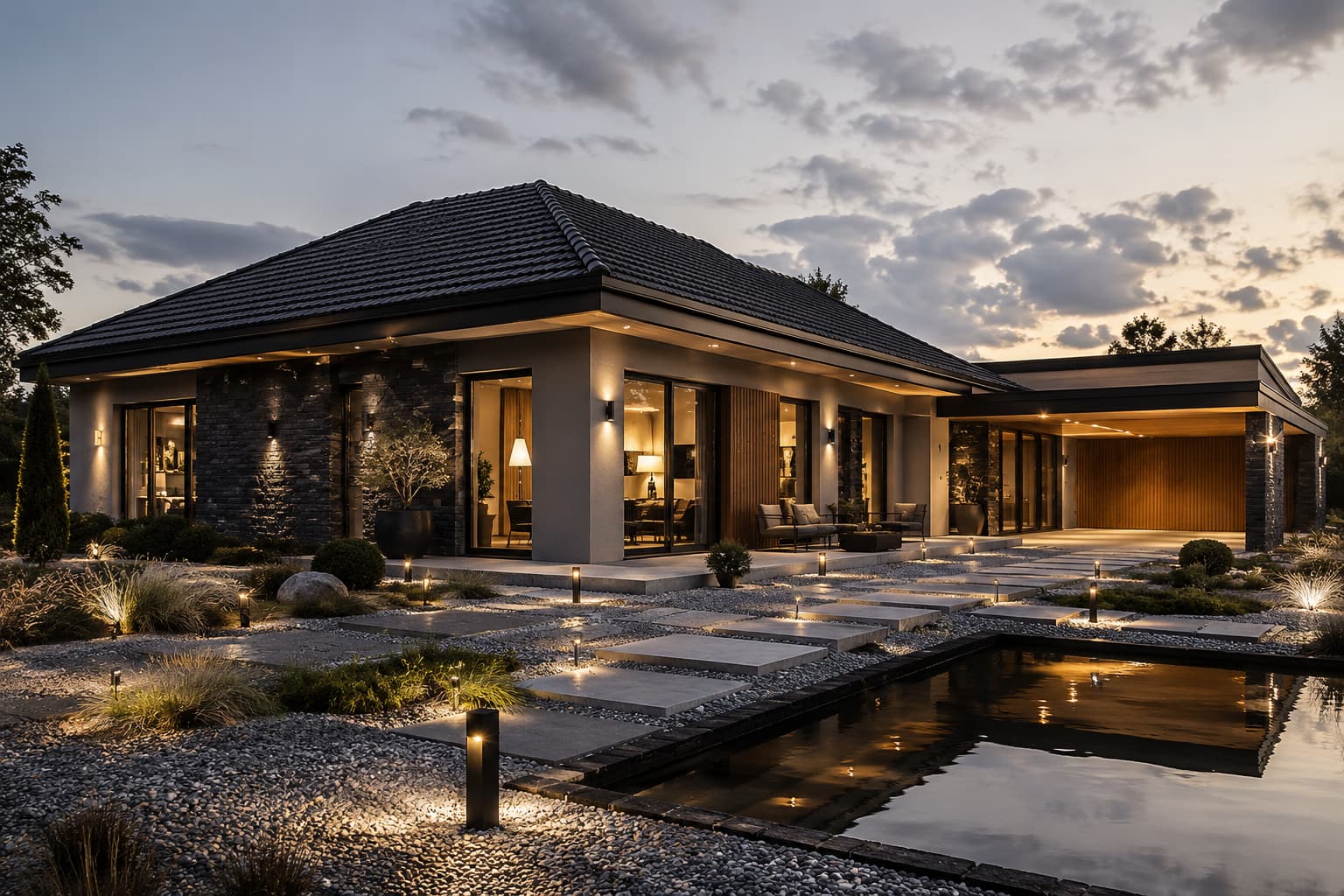 Moderner Bungalow mit Walmdach, Natursteinfassade, Terrasse, beleuchtetem Garten und Wasserbecken bei Abendstimmung