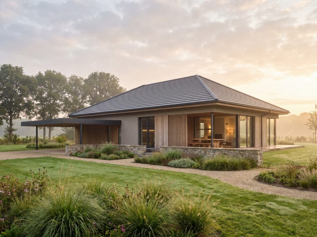 Moderner Bungalow mit Walmdach, Holzfassade, Carport, Natursteinmauer und weitläufigem Garten bei Sonnenaufgang