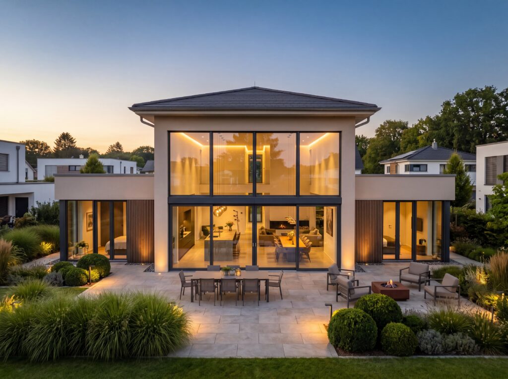 Moderner Bungalow mit großer Glasfront, Terrasse, Gartenlounge und beleuchteten Wohnräumen bei Abendstimmung