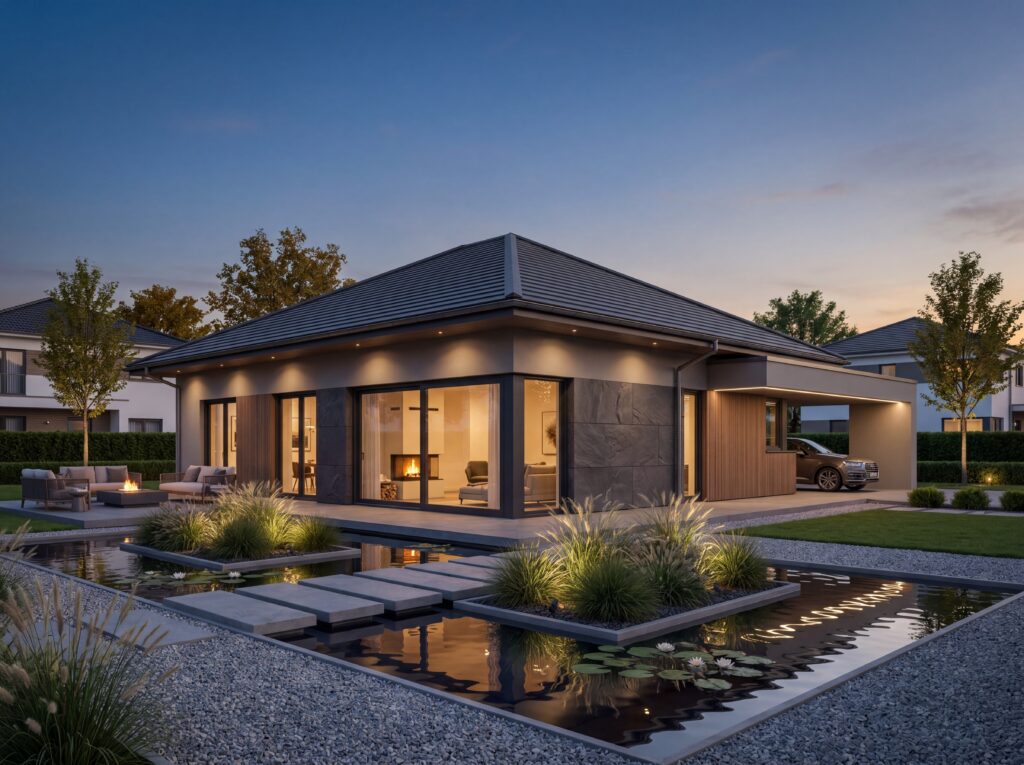 Moderner Bungalow mit Walmdach, dunkler Natursteinfassade, Terrasse, Carport, Wasserbecken und beleuchtetem Garten bei Abendstimmung