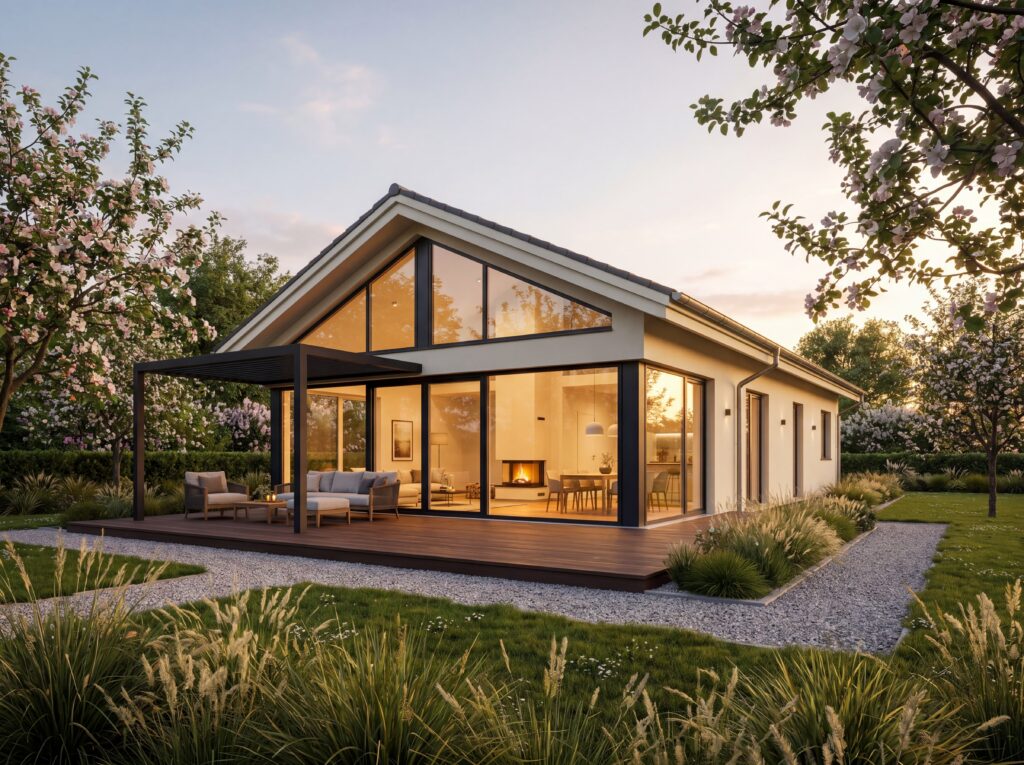 Bungalow NeoLandhaus mit Satteldach, großer Glasfront, Terrasse und blühendem Garten bei Sonnenuntergang