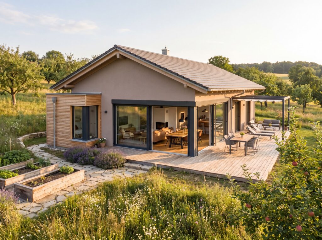 Bungalow NeoLandhaus mit Satteldach, Holzterrasse, großen Glasflächen und naturnahem Garten in ländlicher Umgebung