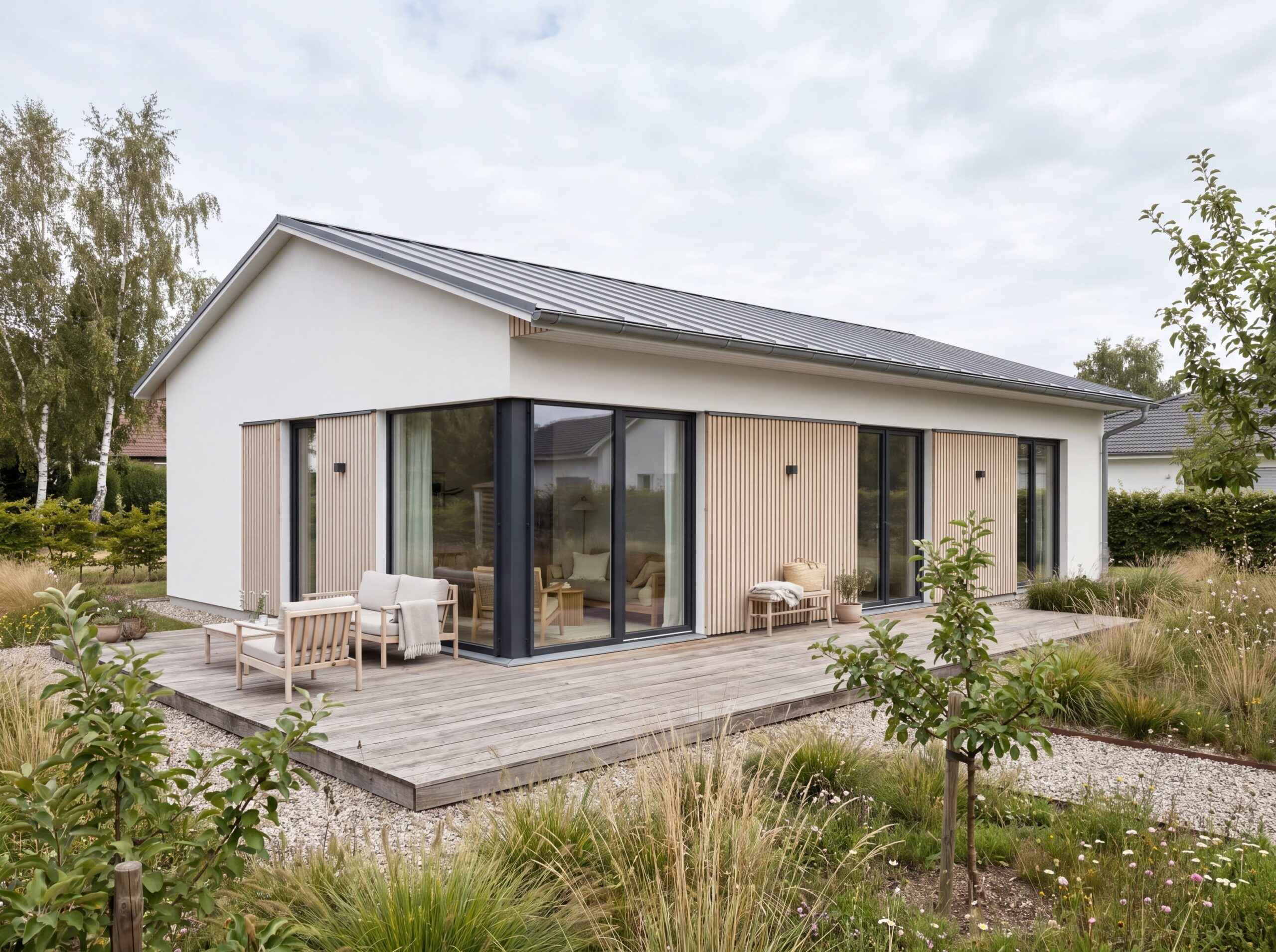 Bungalow NeoLandhaus mit heller Fassade, Satteldach, Holzdetails und großer Holzterrasse im naturnahen Garten