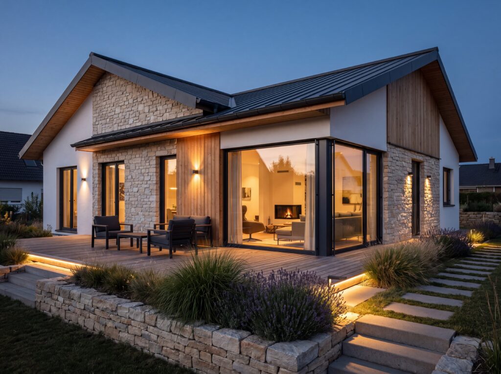 Bungalow NeoLandhaus mit Natursteinfassade, Holzdetails, Satteldach und beleuchteter Terrasse am Abend
