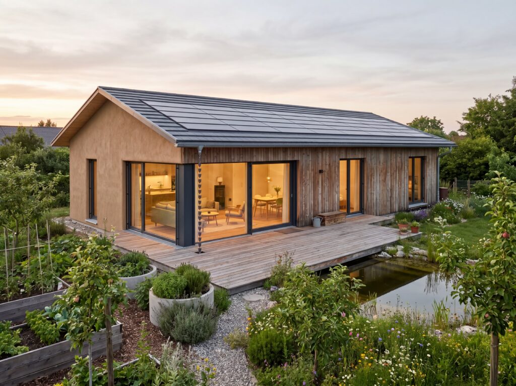 Bungalow NeoLandhaus mit Satteldach, Holzfassade, Photovoltaikanlage, Holzterrasse und naturnahem Garten mit Teich