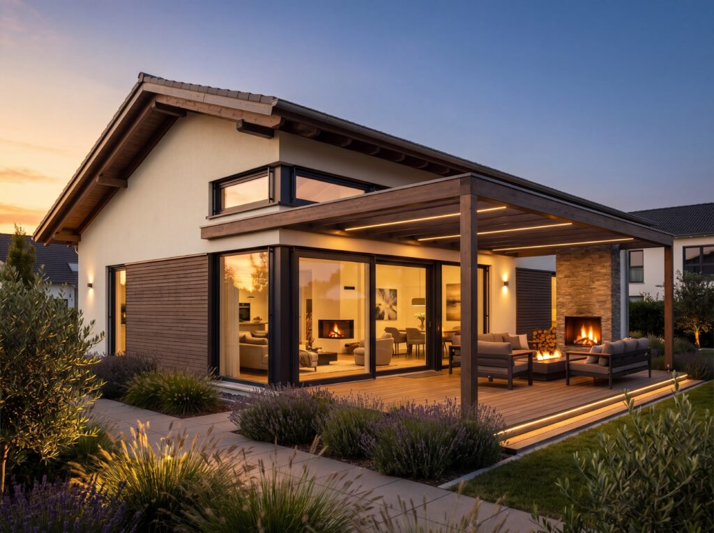 Bungalow NeoLandhaus mit Satteldach, Holzpergola, großer Glasfront und beleuchteter Terrasse mit Außenkamin