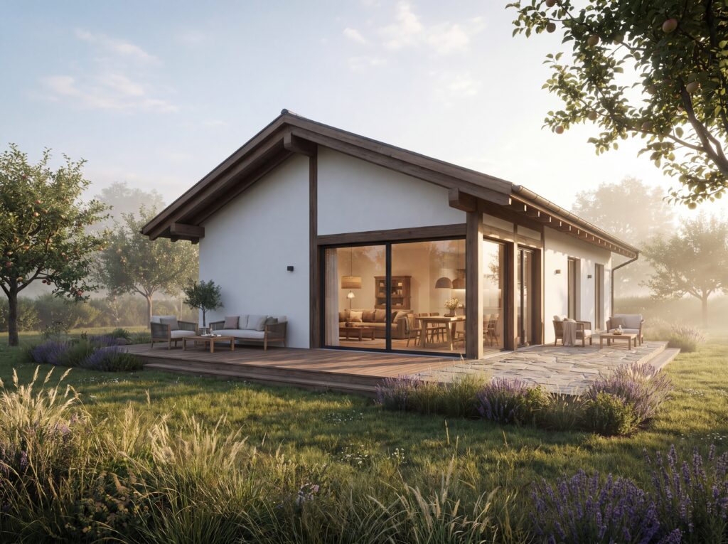 Bungalow NeoLandhaus mit Satteldach, Holzdetails, großer Glasfront und Terrasse im naturnahen Garten
