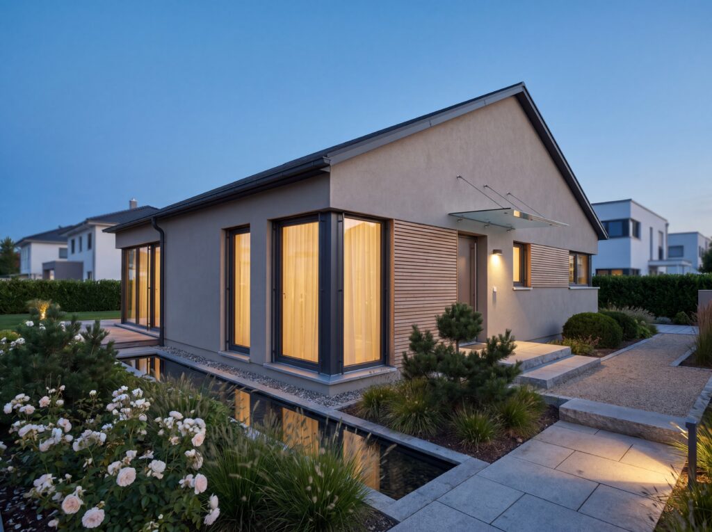 Bungalow Rosenhof Modern mit Satteldach, großer Glasfront, Terrasse, Rosengarten und Wasserfläche bei Sonnenuntergang