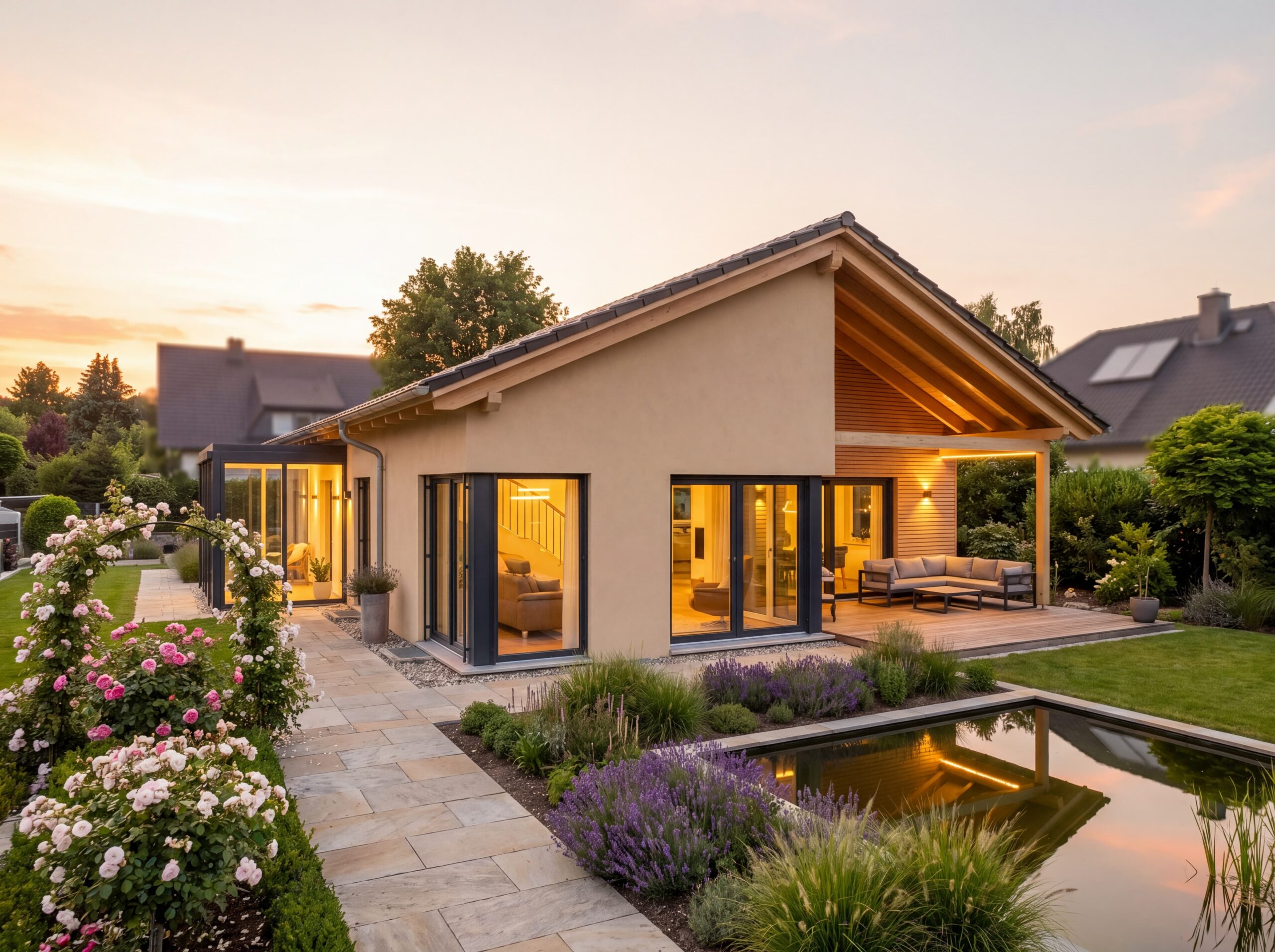 Bungalow Rosenhof Modern mit Satteldach, Wintergarten, Terrasse, Rosengarten und Wasserfläche bei Sonnenuntergang