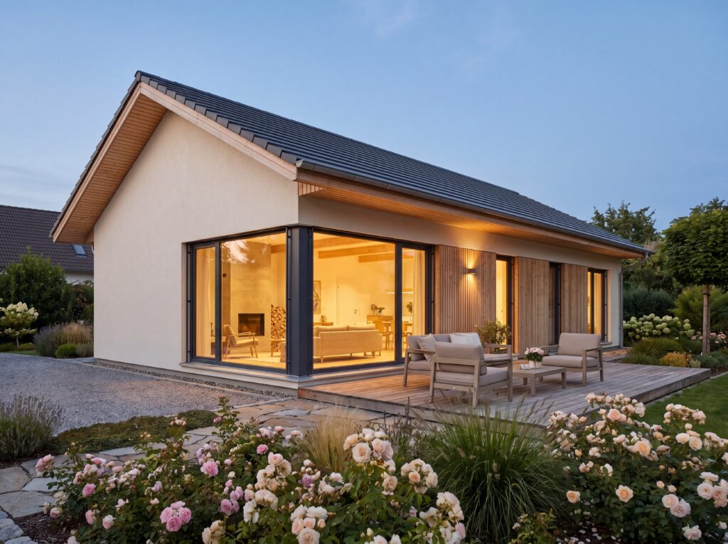 Bungalow Rosenhof Modern mit Satteldach, großer Glasfront, Holzterrasse und Rosengarten in ruhiger Abendstimmung