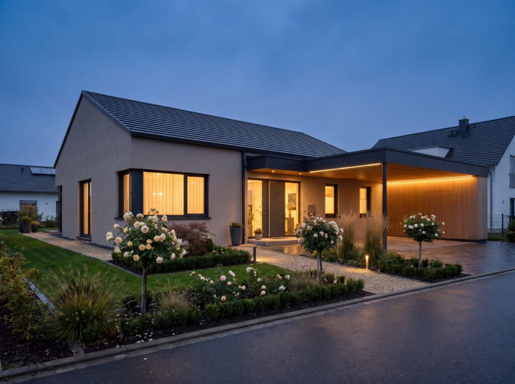 Bungalow Rosenhof Modern mit Satteldach, modernem Eingangsbereich, Holzgarage, Rosengarten und Außenbeleuchtung in der Abenddämmerung