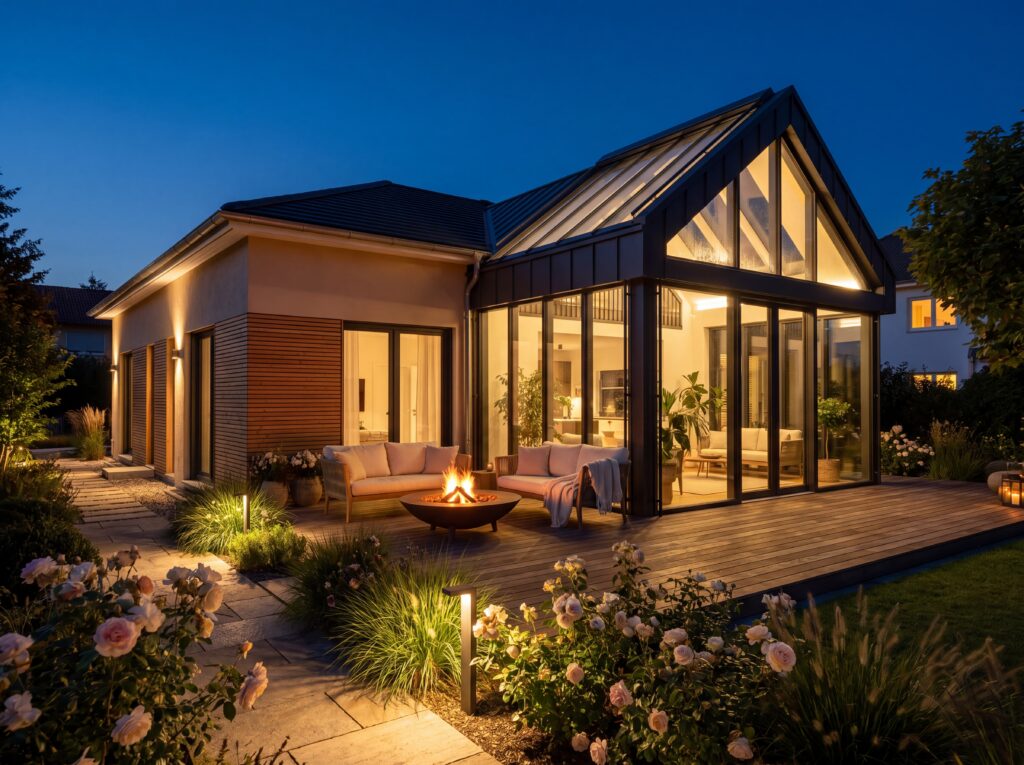 Bungalow Rosenhof Modern mit Wintergarten, großer Glasfront, Terrasse, Feuerstelle und Rosengarten in stimmungsvoller Abendbeleuchtung