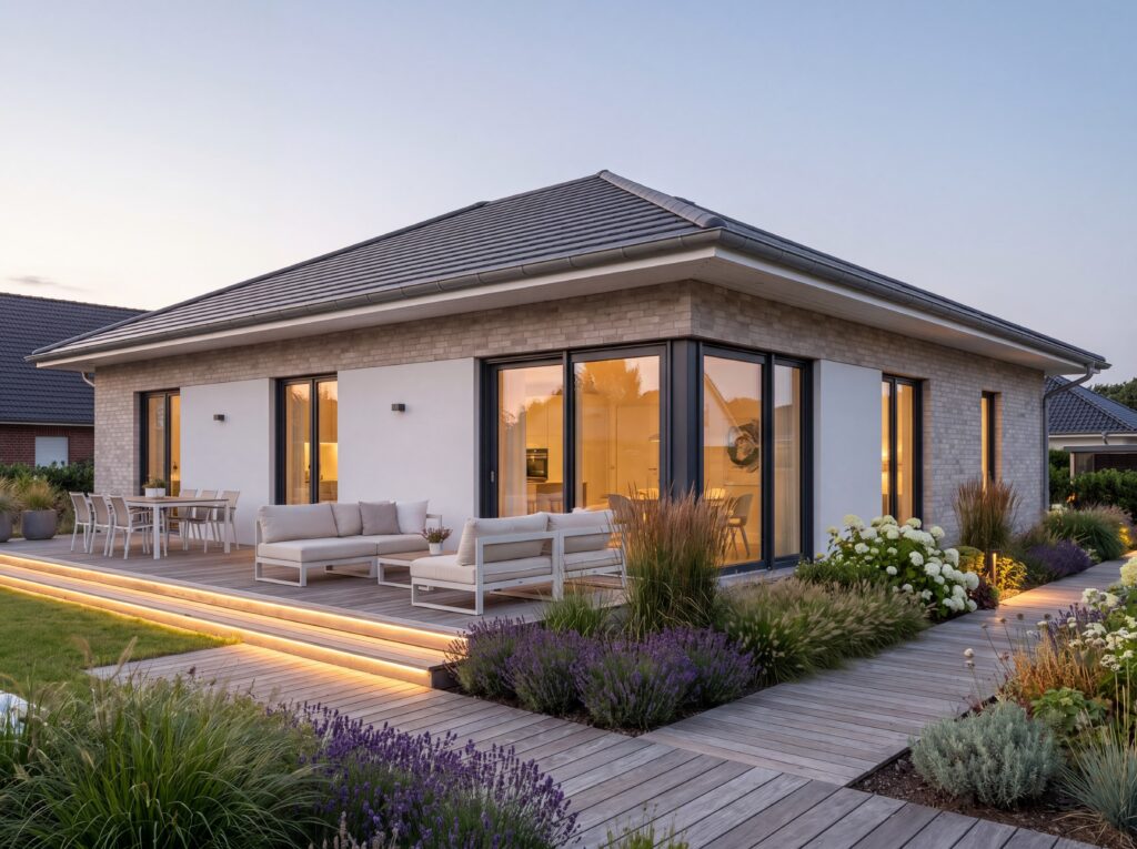Moderner Bungalow Seeperle mit Walmdach, heller Klinkerfassade, großer Holzterrasse, Glasfronten und gepflegter Gartenanlage