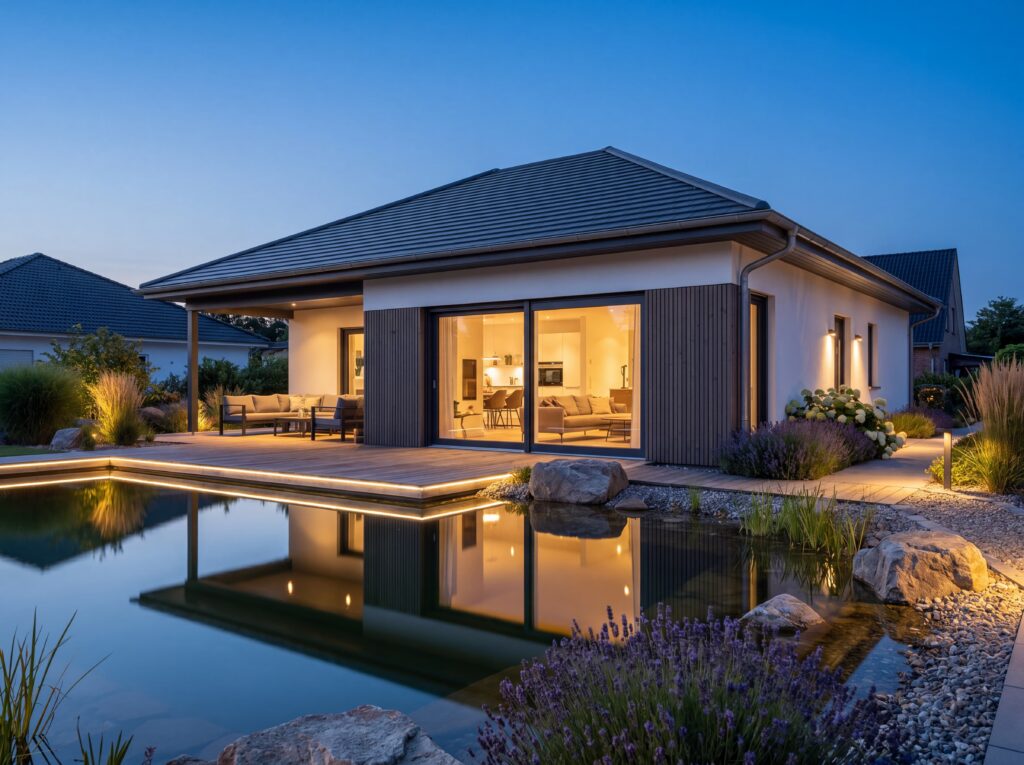 Moderner Bungalow Seeperle mit Walmdach, großer Holzterrasse, Gartenteich, Glasfronten und beleuchtetem Wohnbereich bei Abendstimmung