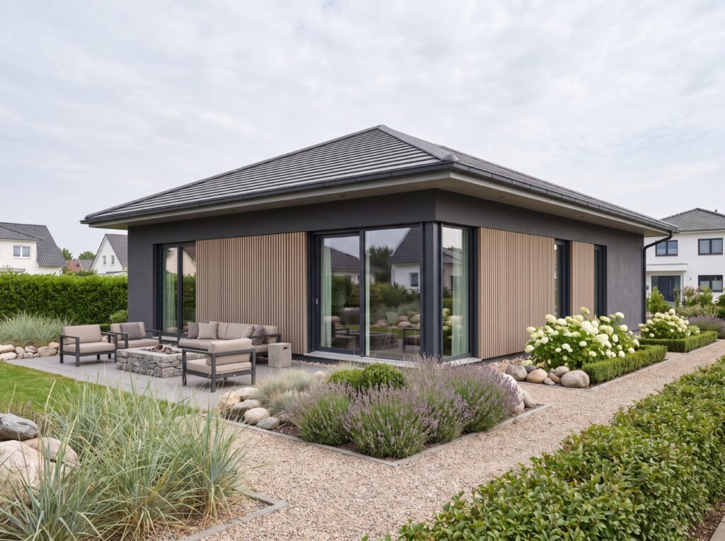 Moderner Bungalow Seeperle mit Walmdach, dunkler Fassade, Holzlamellen, Terrasse und gepflegter Gartenanlage