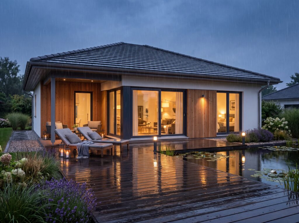 Moderner Bungalow Seeperle mit Walmdach, Holzfassade, großer Holzterrasse, Gartenteich und beleuchteten Wohnräumen bei Regen