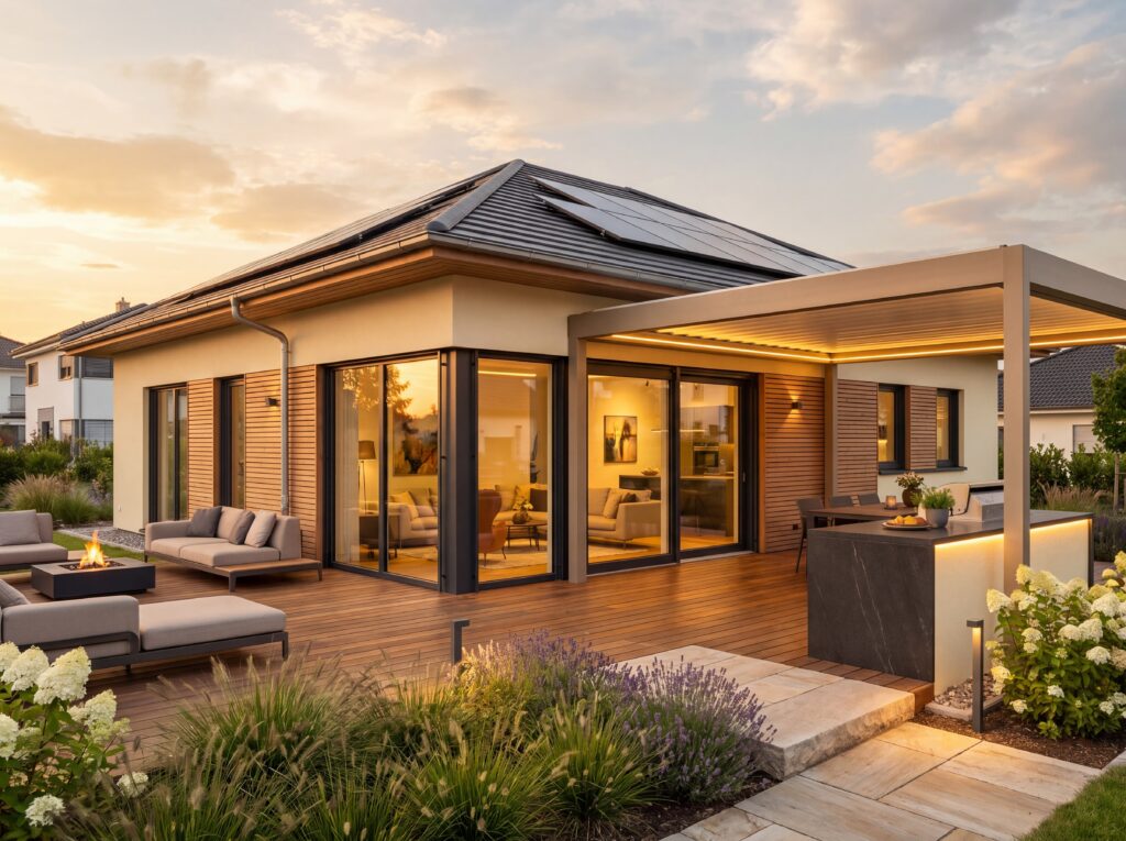 Moderner Bungalow Seeperle mit Walmdach, Photovoltaik, Holzterrasse, Outdoor-Küche, Glasfronten und Lounge-Bereich bei Sonnenuntergang