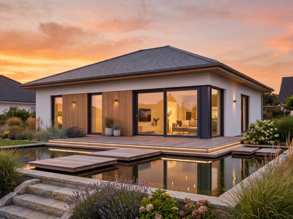 Moderner Bungalow Seeperle mit Walmdach, großer Holzterrasse, Gartenteich, Glasfronten und stimmungsvoller Abendbeleuchtung