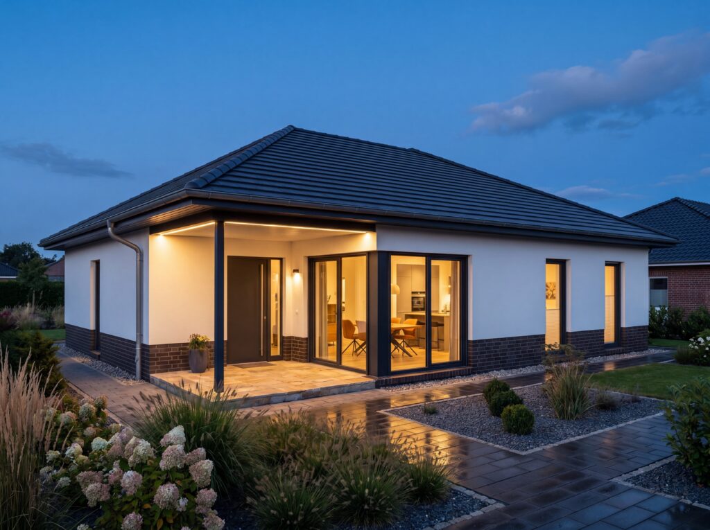 Moderner Bungalow mit Walmdach, überdachter Terrasse und beleuchteten Wohnräumen am Abend
