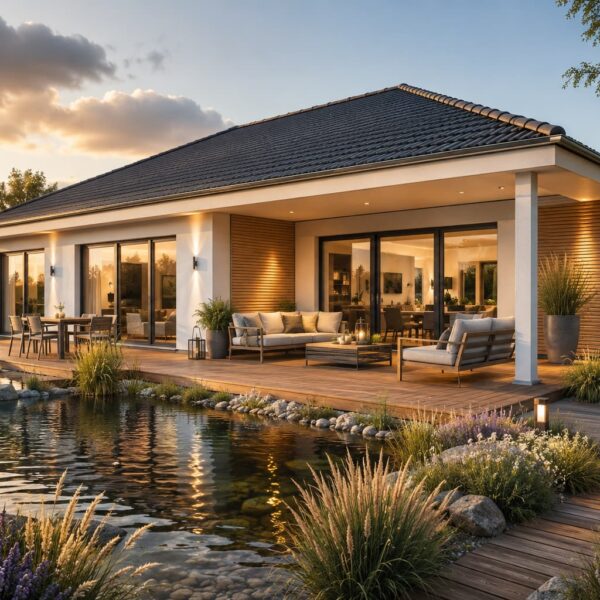 Moderner Bungalow Seeperle mit Walmdach, großer Holzterrasse, Gartenteich, Glasfronten und überdachtem Loungebereich bei Sonnenuntergang