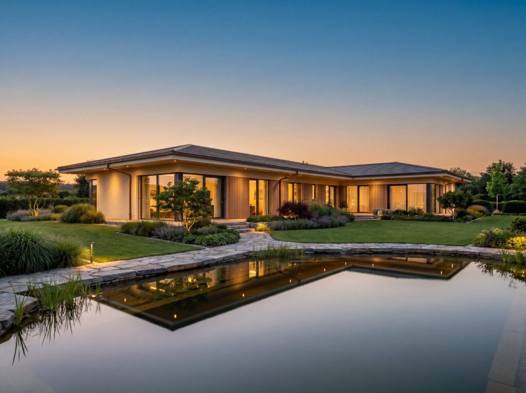 Moderner Bungalow mit Walmdach, weitläufiger Gartenanlage, Gartenteich und beleuchteten Wohnräumen bei Sonnenuntergang