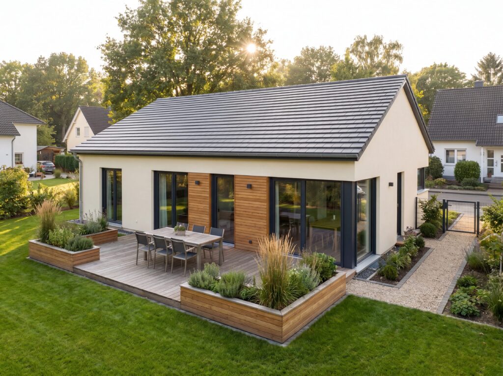 Bungalow Aachen mit großer Terrasse und Satteldach bei Sonnenuntergang
