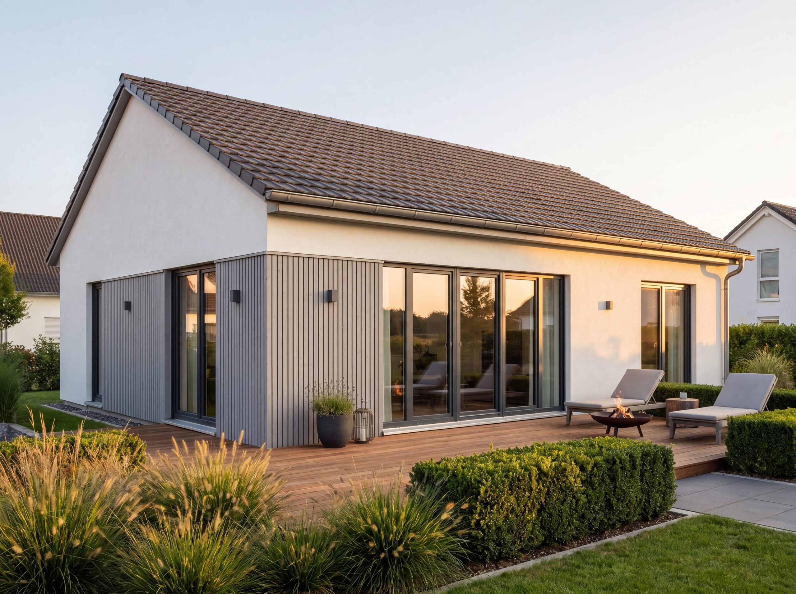 Bungalow Aachen mit Holzterrasse und Gartenbeleuchtung am Abend