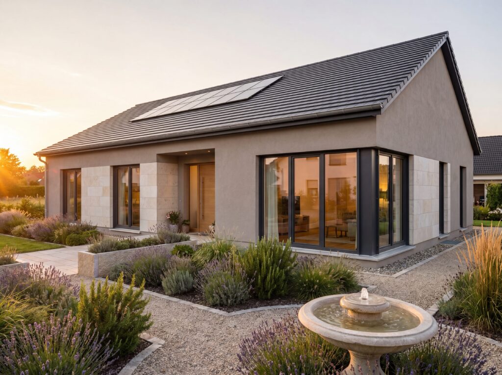 Moderner Bungalow Celle mit Solaranlage auf dem Dach, großen Fenstern und gestaltetem Vorgarten mit Brunnen.