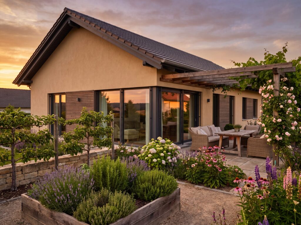Bungalow Celle mit Pergola-Terrasse, Sitzbereich und blühendem Garten bei Sonnenuntergang.