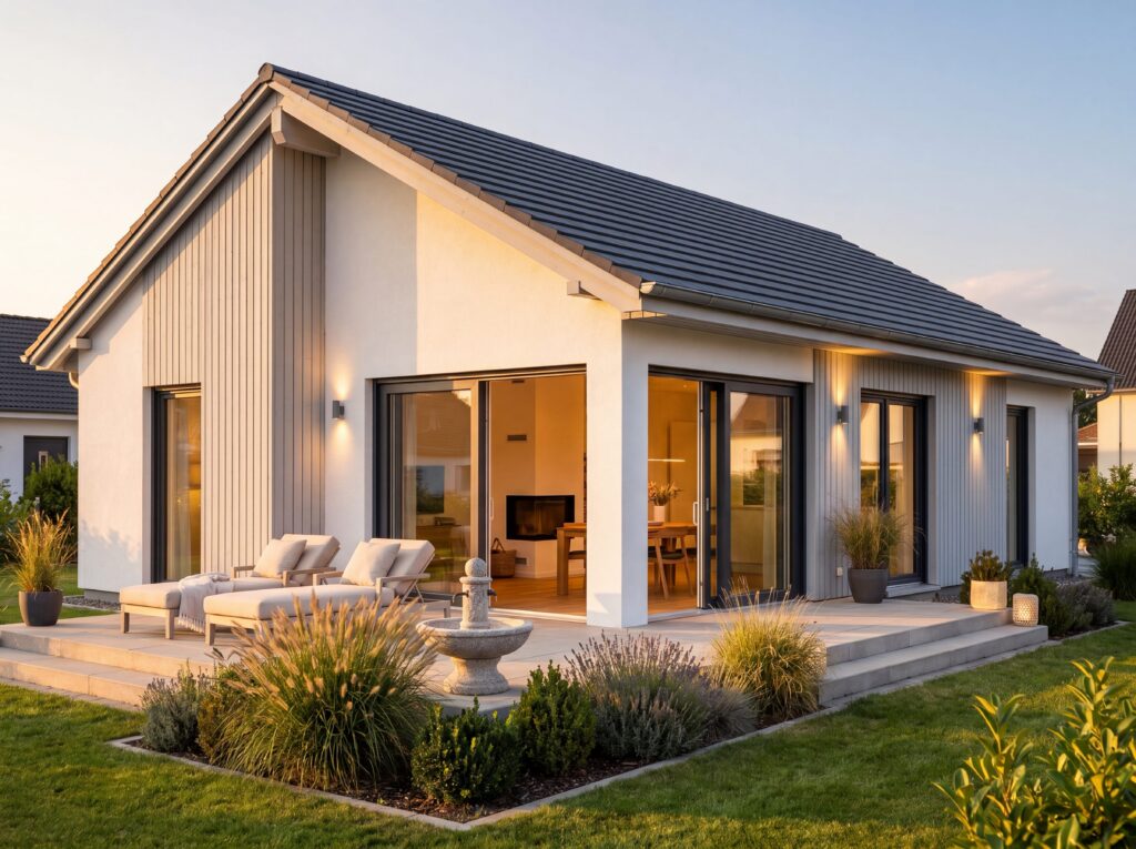 Heller Bungalow Celle mit moderner Fassade, Terrasse und Sitzbereich im Garten. Titel: Bungalow Celle – Helle Fassadengestaltung mit Terrasse
