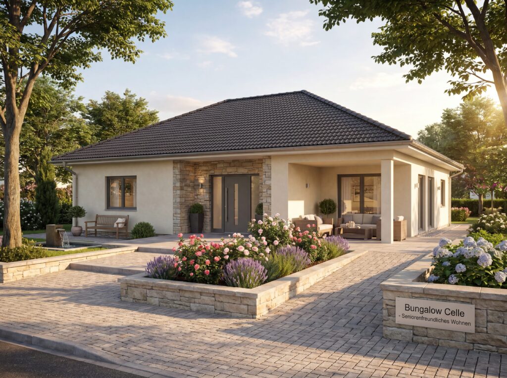 Frontansicht des Bungalow Celle mit überdachtem Eingangsbereich, Vorgarten und Hinweis auf seniorenfreundliches Wohnen.