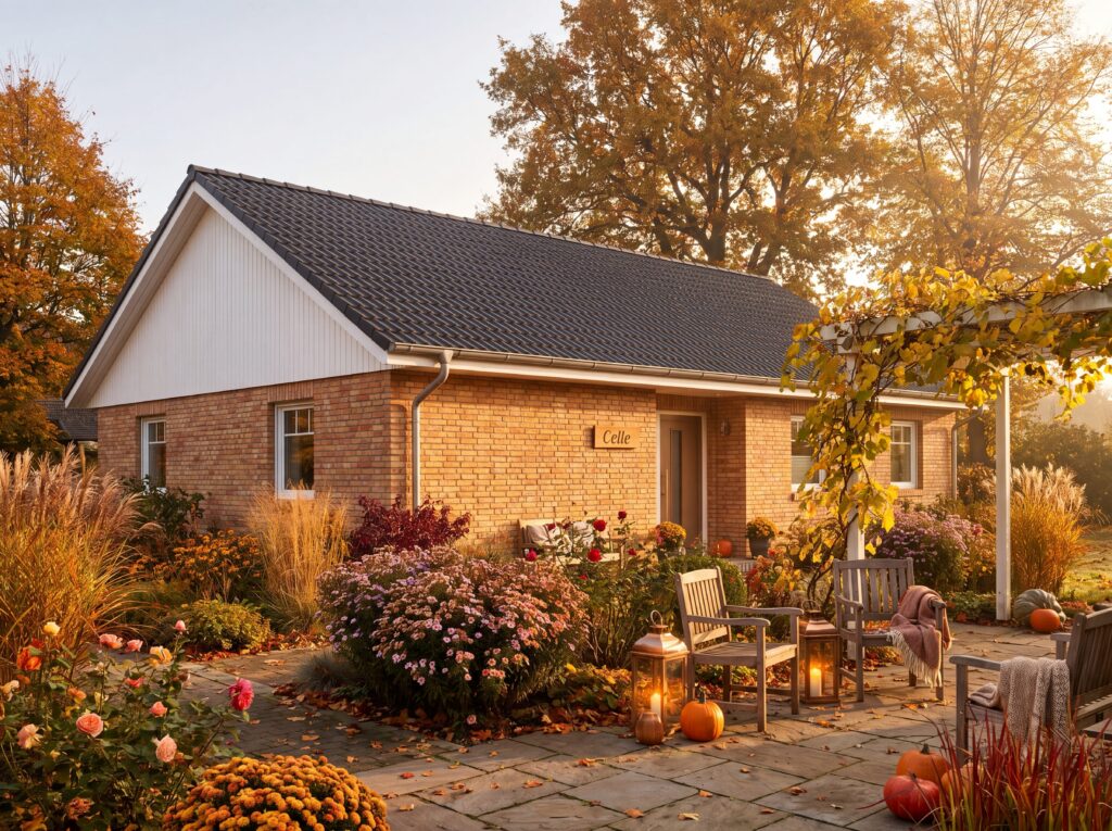 Bungalow Celle in Klinkeroptik mit herbstlicher Gartengestaltung, Sitzplatz und warmer Abendstimmung.