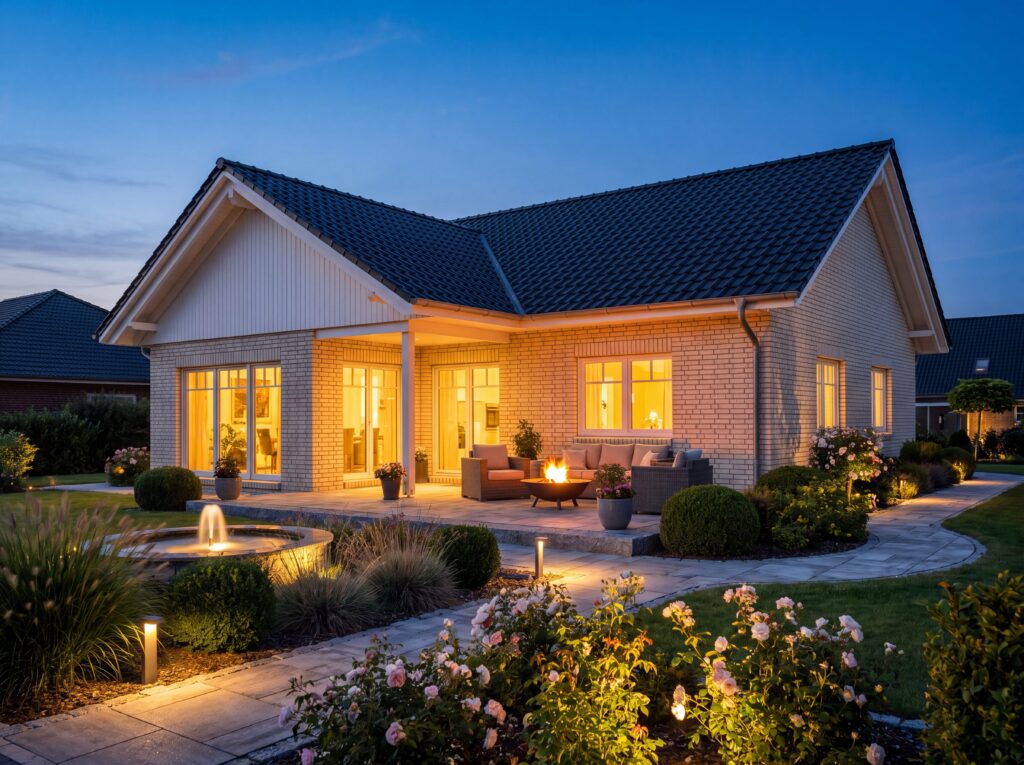 Bungalow Celle in der Abenddämmerung mit beleuchteter Terrasse, Feuerstelle und Gartenweg.