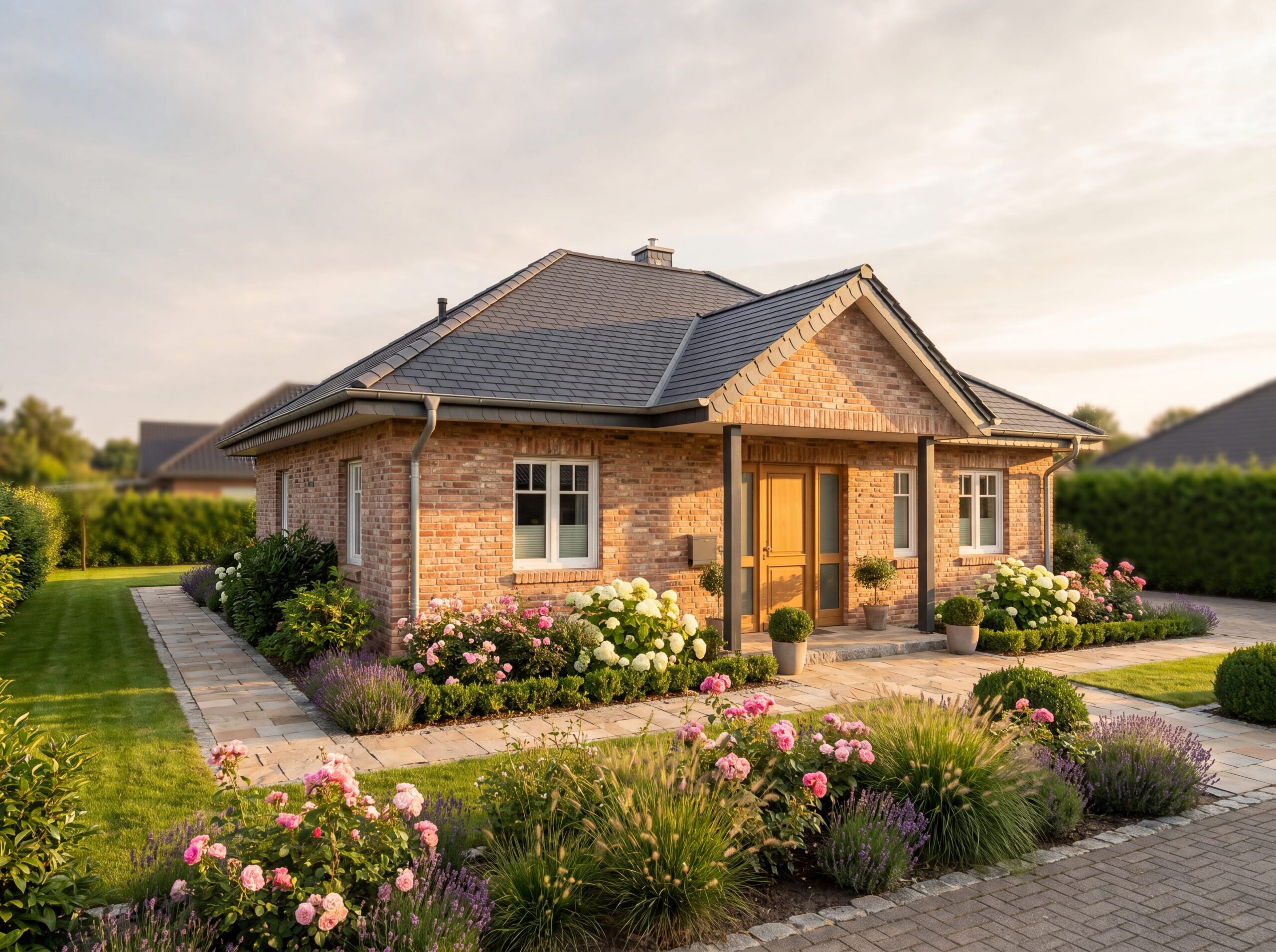 Bungalow Celle mit Klinkerfassade, Satteldach und gepflegtem Vorgarten mit blühenden Beeten.