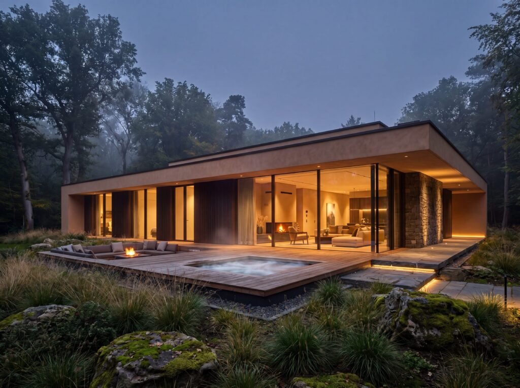 Moderner Bungalow Deluxe mit großzügiger Glasfront, Poolterrasse und stimmungsvoller Abendbeleuchtung
