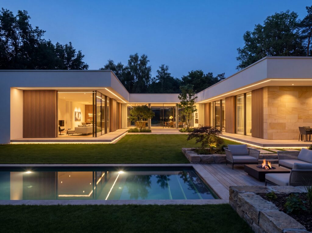 Moderner Winkelbungalow mit Pool, Glasfronten und beleuchtetem Innenhof am Abend