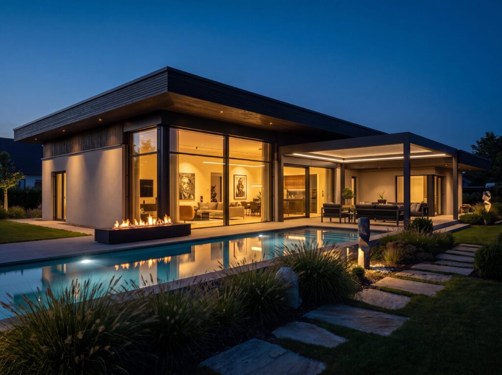 Luxuriöser Bungalow Deluxe mit Flachdach, Pool, Feuerstelle und moderner Terrasse bei Nacht
